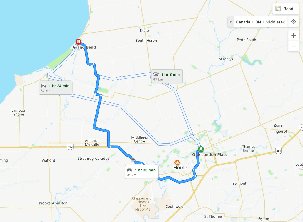 Map showing 3 routes. One direct, short, with low average velocity along rural roads. Another much longer, not direct, but with much higher average velocity on a multi-lane primary highway.
